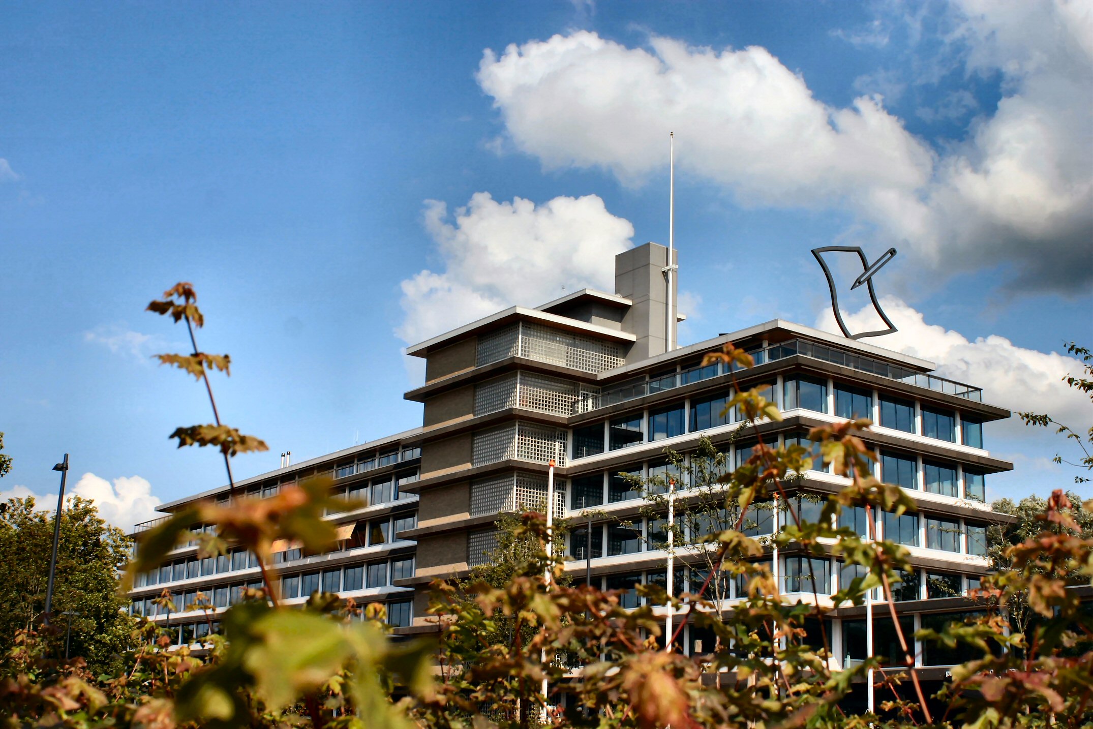Foto van het provinciehuis tussen de bladeren door