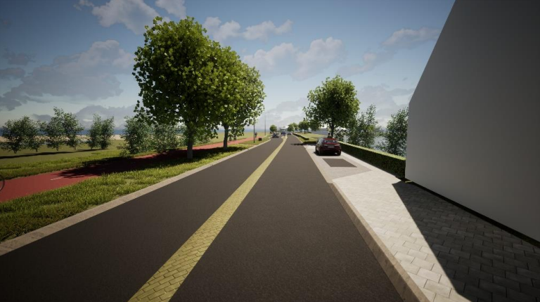 Foto van eenverkeersweg naast fietspad  en werkterrein