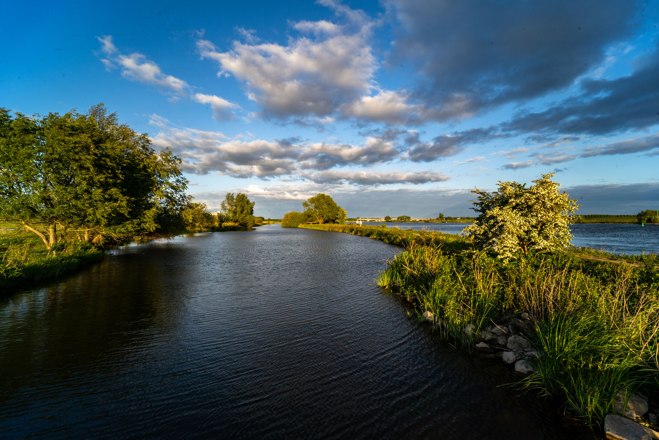 Foto van brede rivier met groene oevers